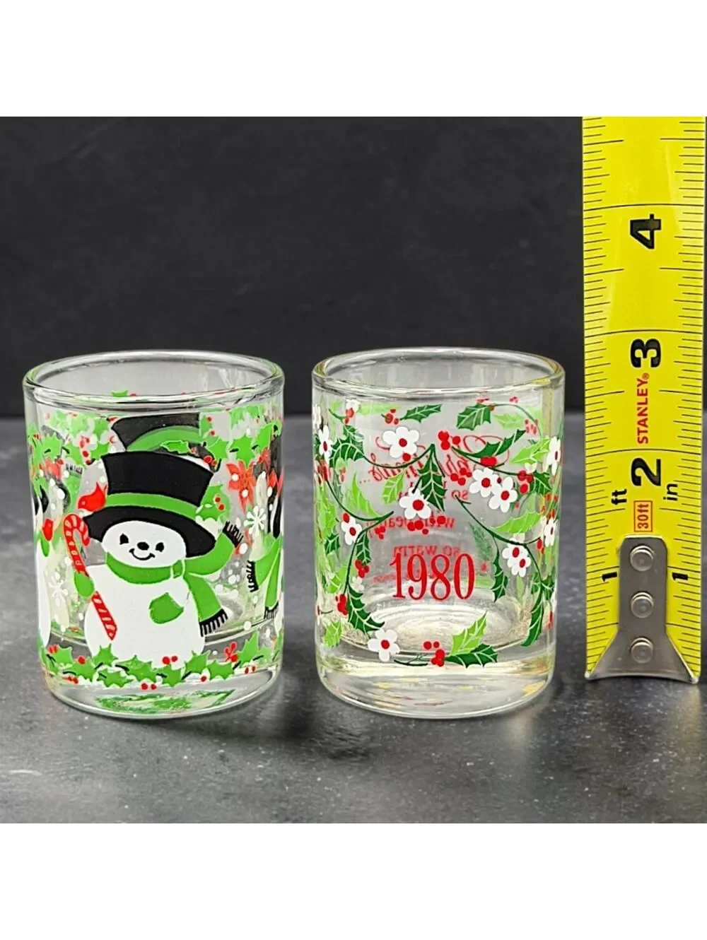 Vtg Christmas Glass Tumblers Set of 2 Snowman Holly 1980 Holiday Glasses 3